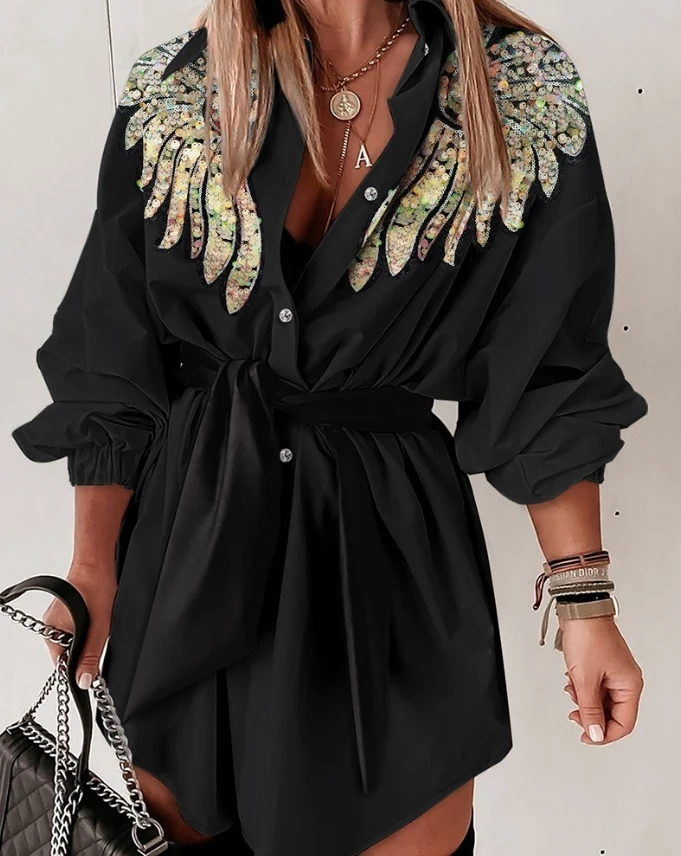 

New Fashion Sequin Wings Pattern Turn-Down Collar Tied Detail Shirt Dress for Women's Clothing Temperament Female Loose Dresses