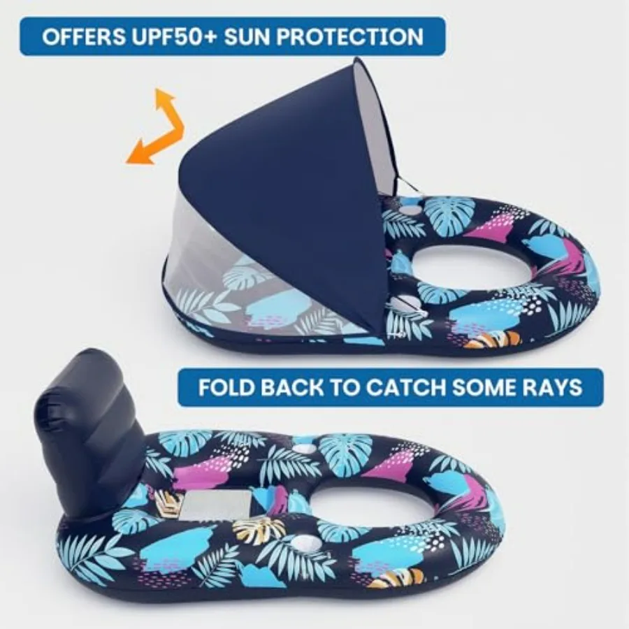 Inflatable Pool Floats for beach, lake, party use; PVC material; blue; UPF50+ removable canopy, 120 adjustable, large lounge de