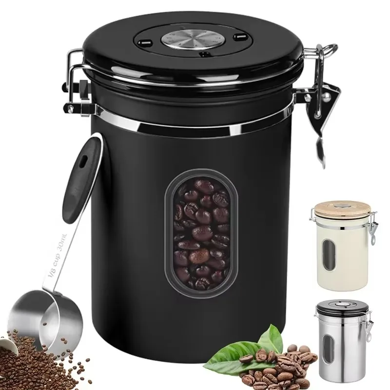 boite-de-conservation-hermetique-en-acier-inoxydable-pour-grains-de-cafe-avec-indicateur-de-date-fenetre-transparente-et-valve-d'evacuation-unidirectionnelle-pour-usage-en-cafe