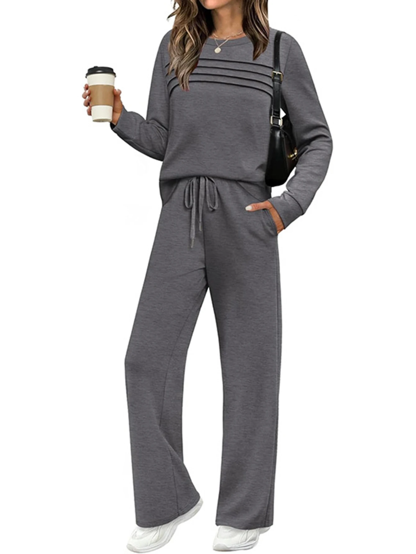 Women's Casual Long Sleeve round Neck Set Elastic Waist Wide Leg Pants Loose Fit Comfortable Outfit for Autumn Fashion