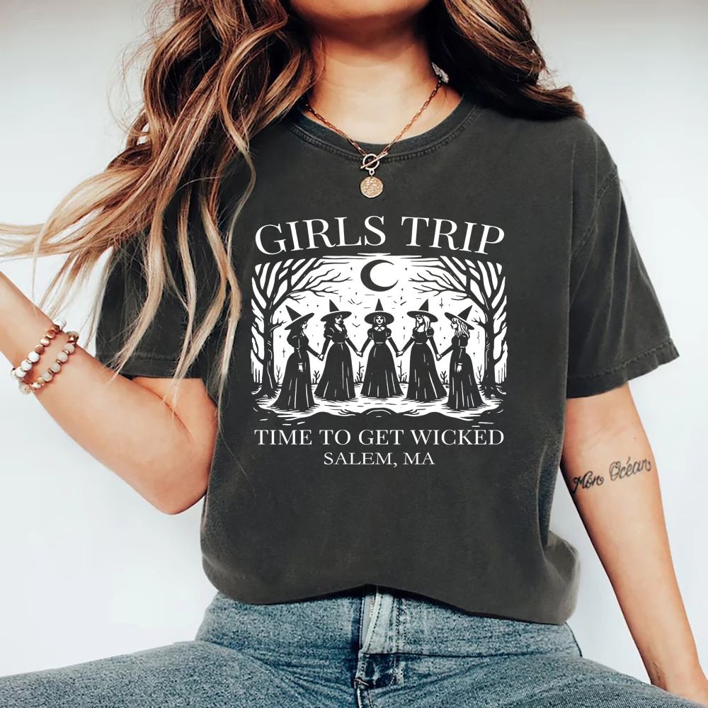 Halloween Girl's Trip Salem Time To Get Wicked T-Shirt Halloween Witch Tee Retro Short Sleeve Women T-shirt Salem Witch Shirt