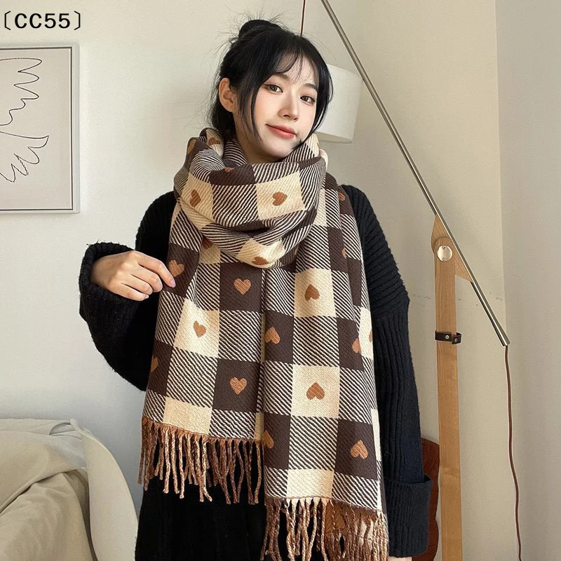 Autumn And Winter Scarf For Women Knitted Heart-shaped Plaid Cute Girls Winter Scarf College Fashion Casual Shawl Scarf〔CC55〕