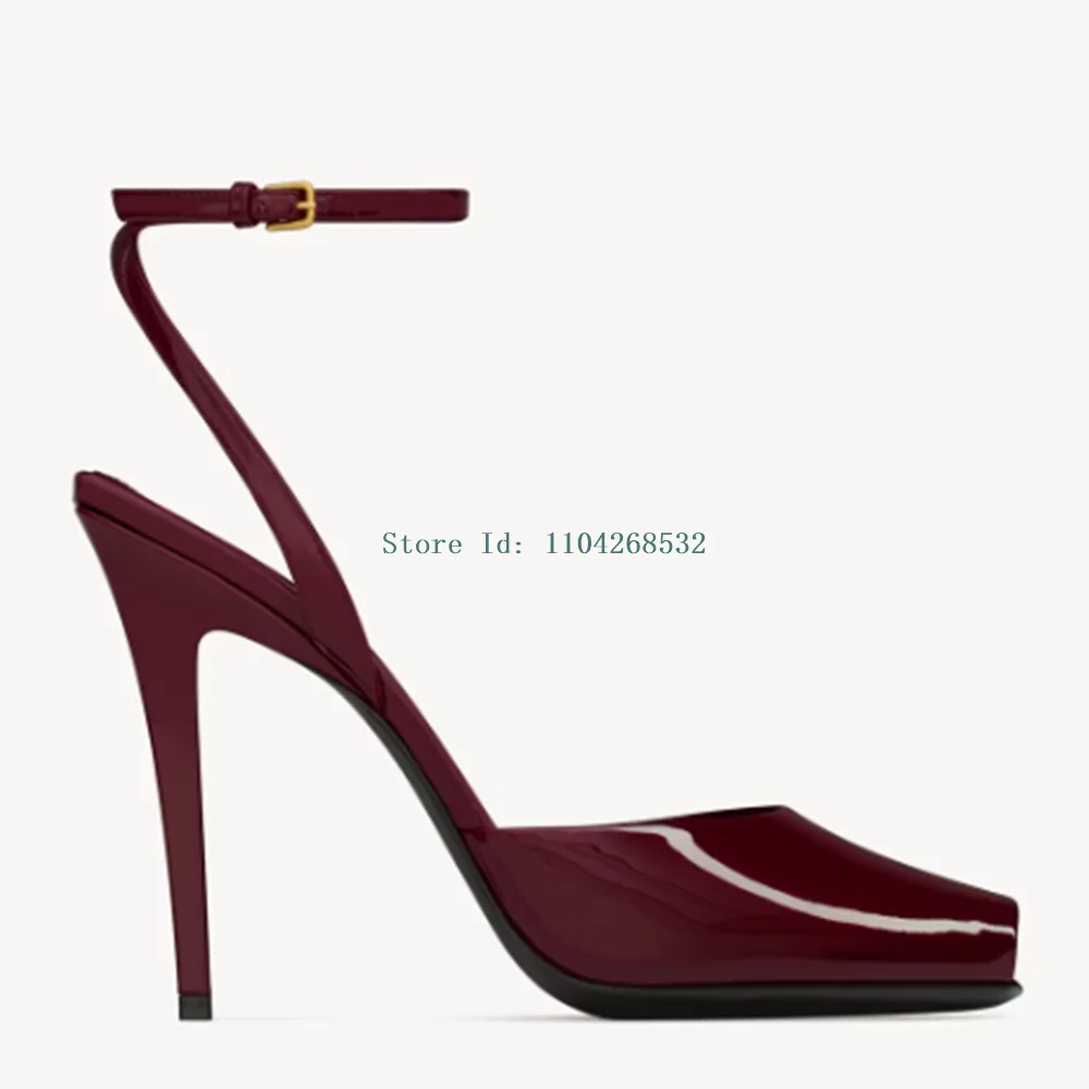 Burgundy Slingback Buckle Strap Shoes Paten Leather Sexy Pointed Toe Stlietto New Arrivals Fashion Women Sandals Open Toe