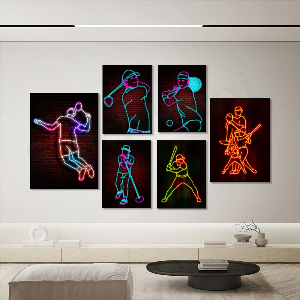 Baseball, Golfer, Badminton, Tennis Player Neon Light Rendering Art Shoot Painting Living Room Decor Poster