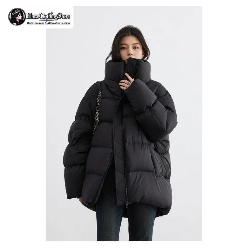 Elara Winter New Women's Y2k Style Fashion Retro Puff Down Jacket Korean Edition Stand Up Collar Solid Color Warm Soft Jacket