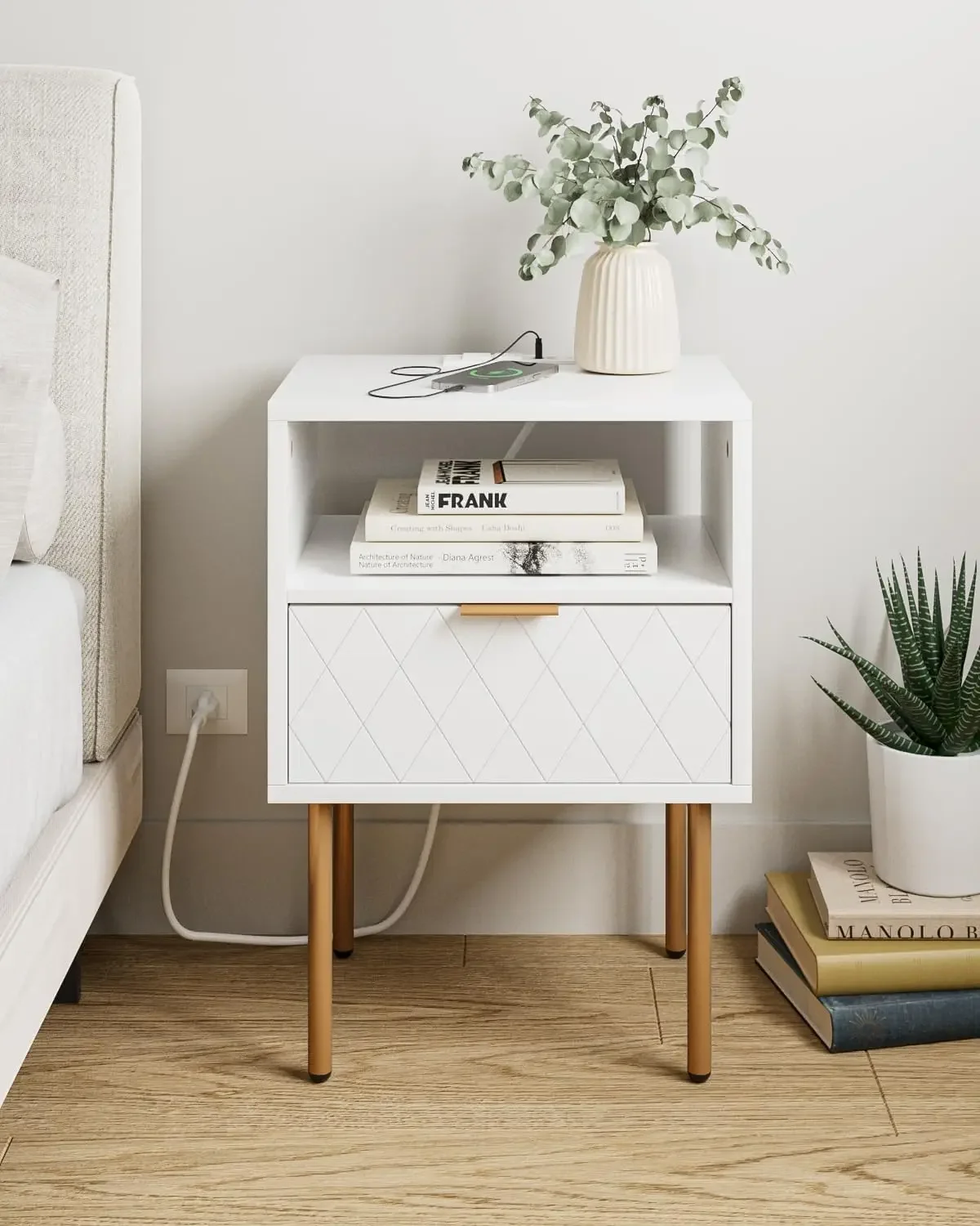 with Charging Station, Drawer Dresser for Bedroom, Small Side Table with Drawer, Night Stand, End Table with Gold Frame for Bedr