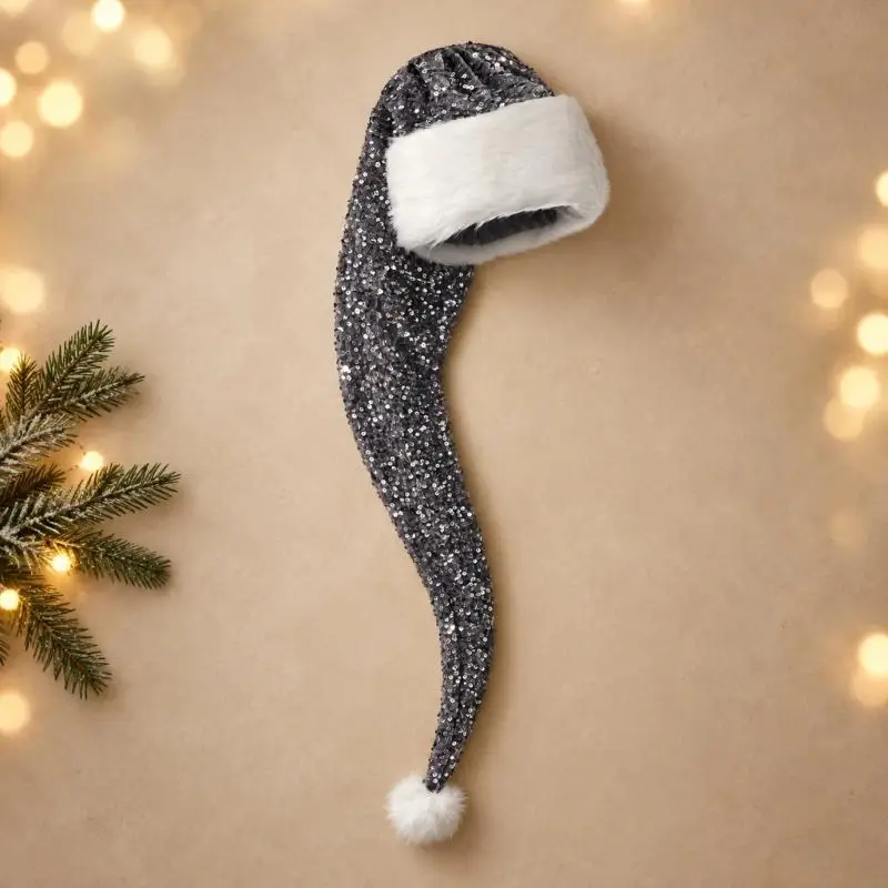 2026 New Long Christmas Cap for Adults and Children, Sparkling Pointed Santa Headwear with Contrasting White Trim for Holiday