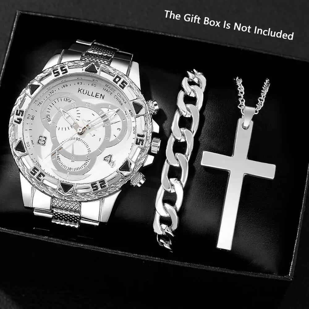 4-piece men's handsome luxury quartz watch and accessory set for daily wear and gifts for friends and family