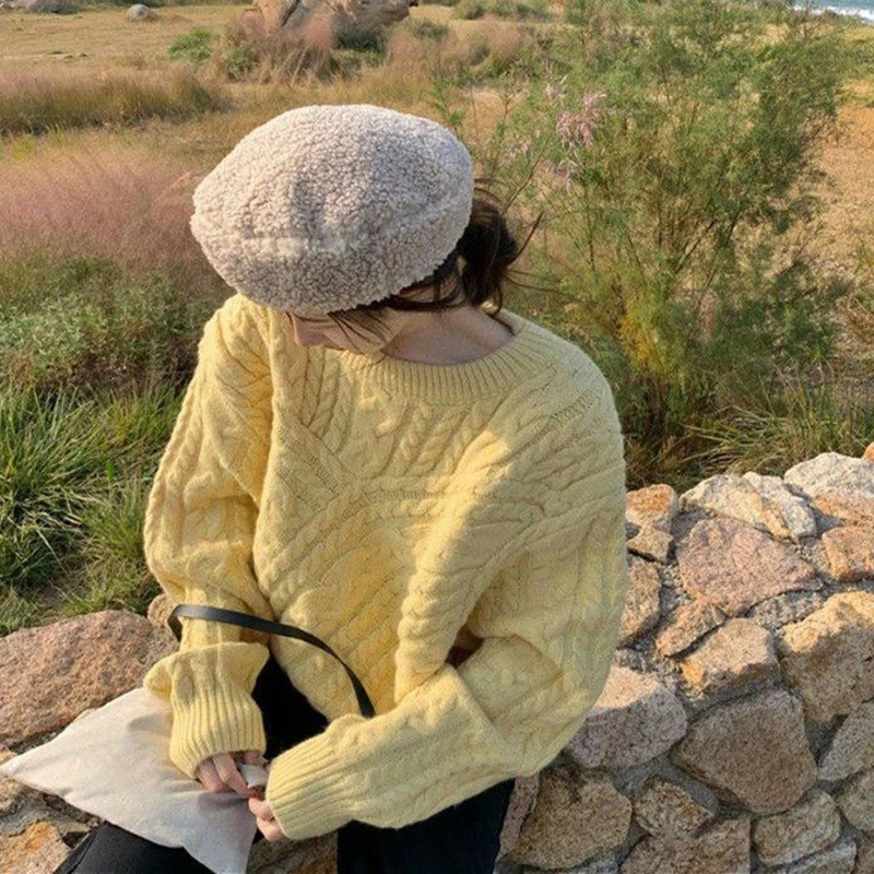 Jersey de estilo perezoso para mujer, Tops Vintage de punto, holgados y acogedores, color rosa, otoño e invierno, 2023