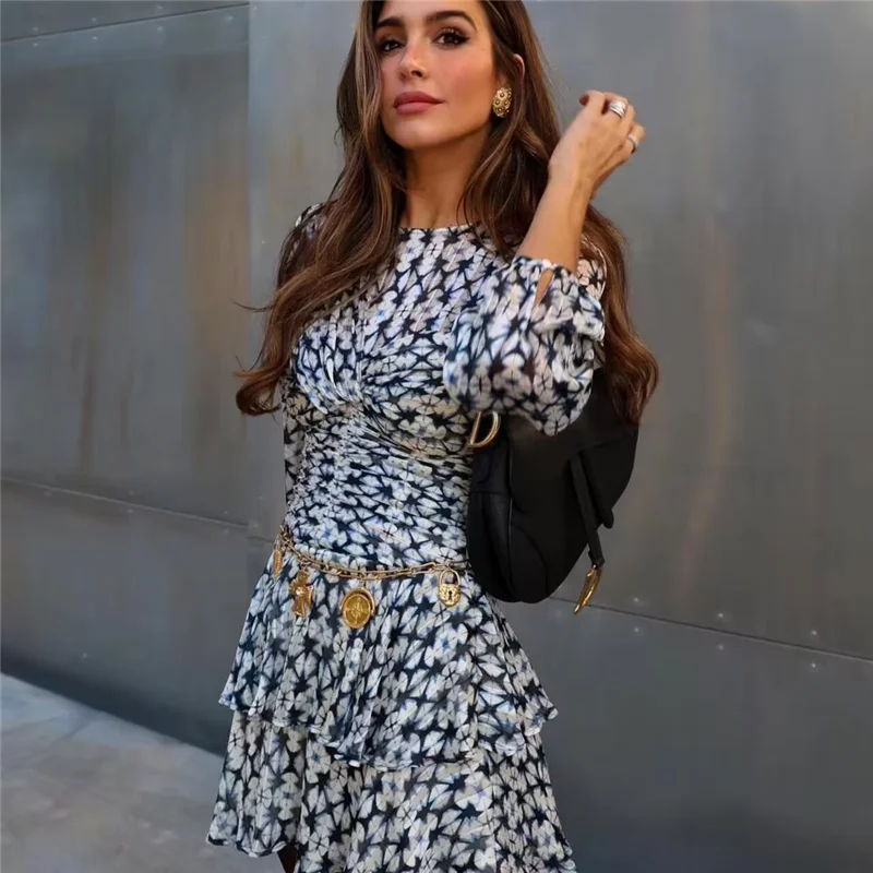 TRAF Print Ruffle Mini Dress Women Ruched Vintage Short Dresses Woman Elegant Party Dresses 2024 Long Sleeve Summer Dresses