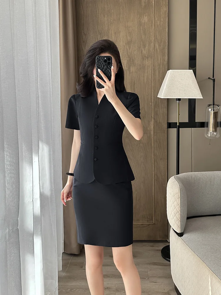 Collarless women's suit set for spring and autumn, new style, waist-cinching, suitable for beauty salons, hotel front desk recep