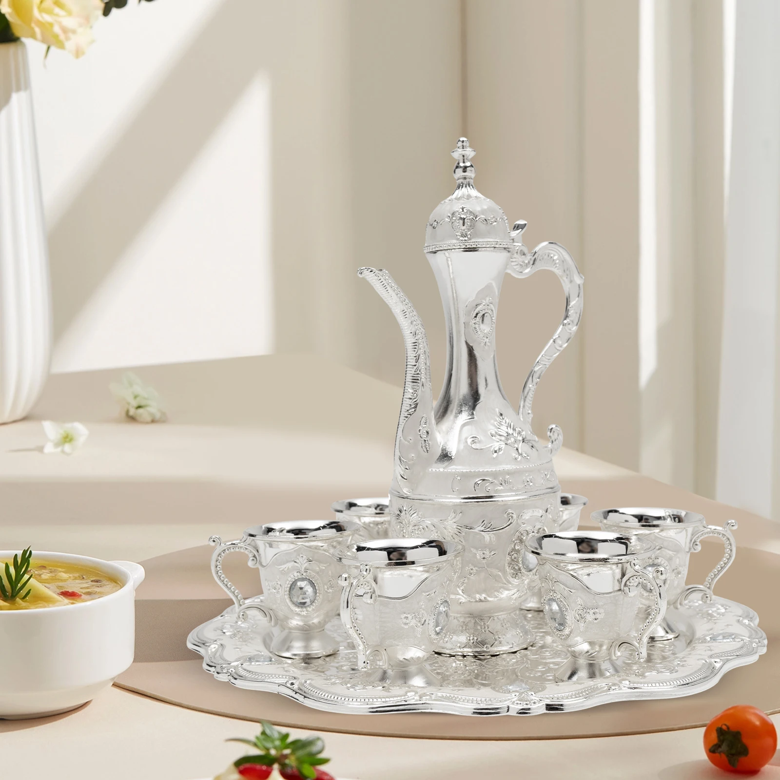 

Exquisite Turkish Tea Set, Silver Zinc Alloy Coffee Pot with 6 Cups & Tray, Elegant Antique Home Decor for Birthday Christmas