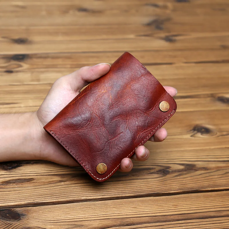 Retro Handmade Leather Wallet for Ladies Top Layer Cowhide Men's Short Wallet Wiping Color Buckle Bag Vertical Credit Card Bag