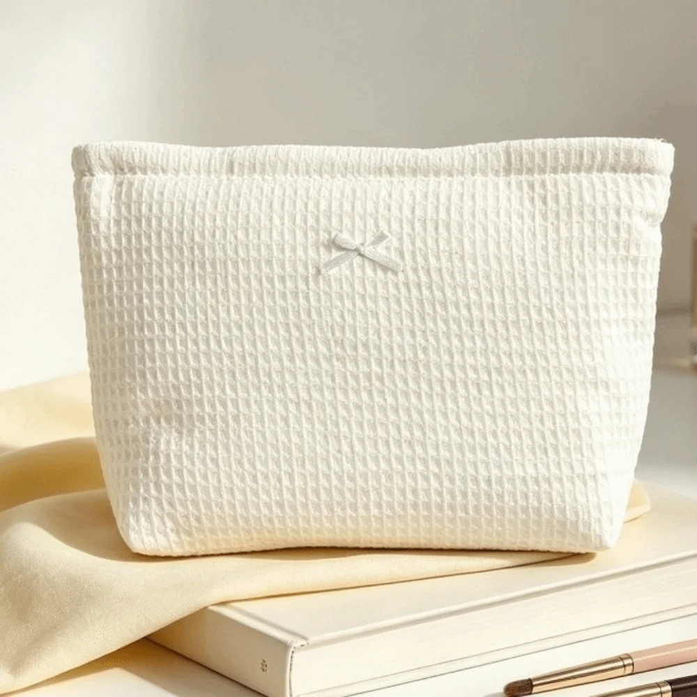 Cute Bow Decor Waffle Knit Makeup Bag Zipper Large Capacity Cosmetic Bag Polyester Portable Toiletry Organizer Travel