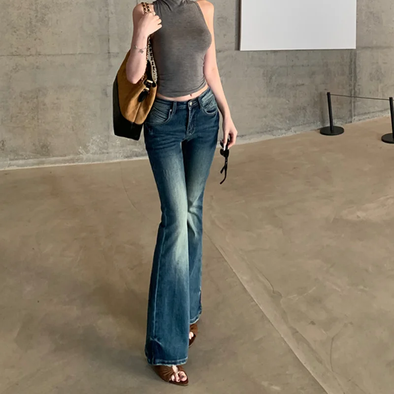 Benuynffy 2025 Autunno Nuovo Vintage Lavato Flare Jeans Donna Moda Coreana Streetwear Vita Bassa Tutti I Match Pantaloni a Campana