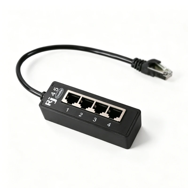 Ethernet Line Splitter Expander for Home Office Desk Access, Wall Outlet Sharing, Black Body Finish F19E