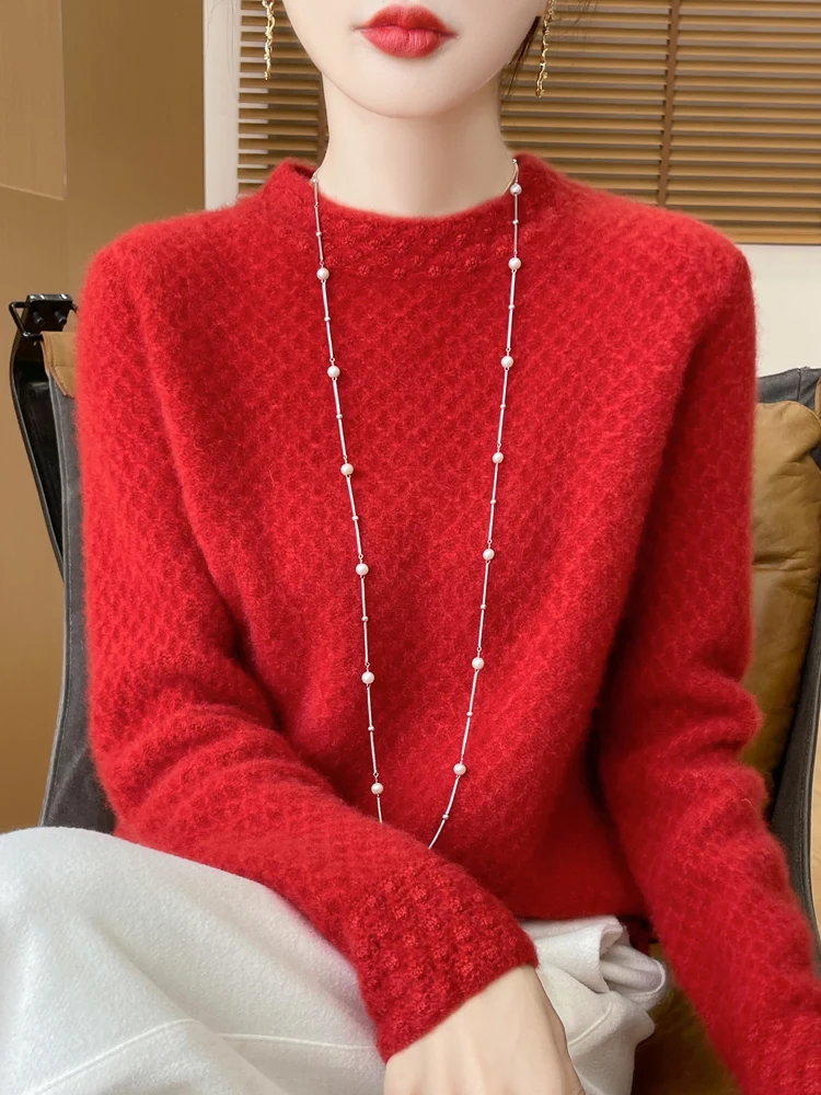 Women's Wool Sweater Pullover Half- High Neck Casual Knit Tops Autumn Winter Thick Jacket Warm Honeycomb Pattern Pullover Top