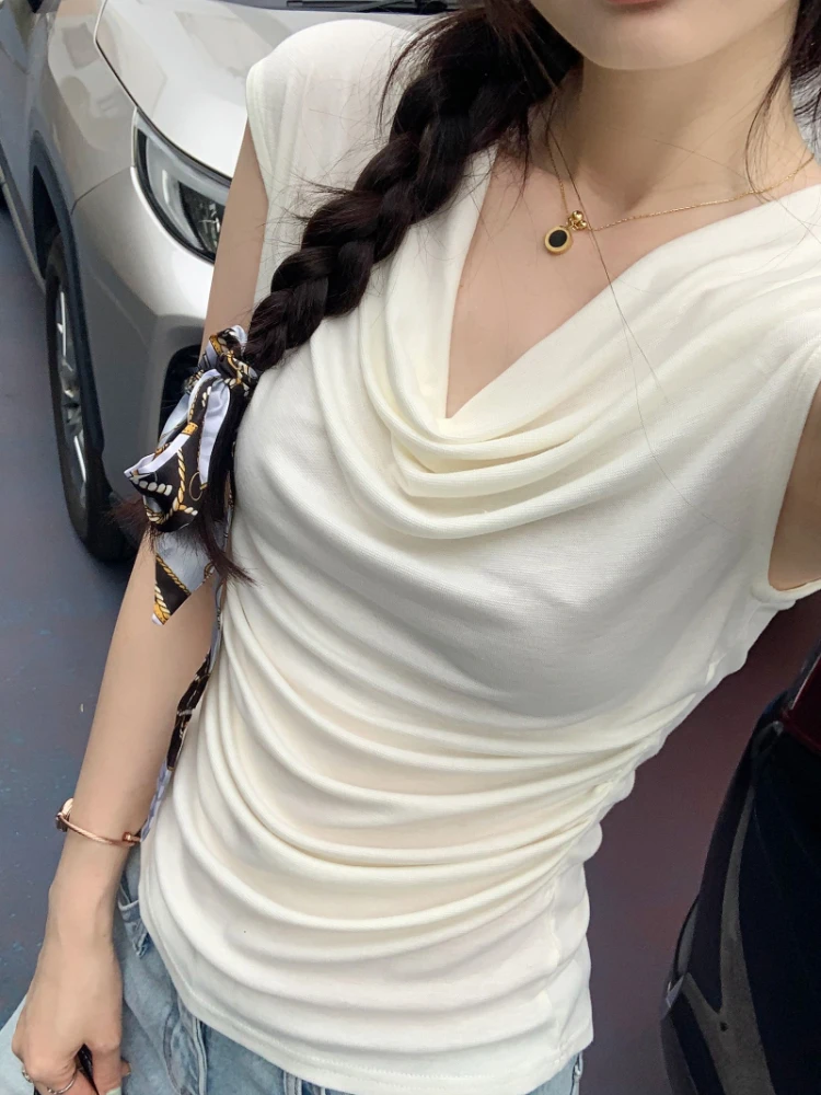 Cute Age-Reducing Asymmetric One-Shoulder Top 2026 Summer New Women's Pink Draped Neck Off-Shoulder Short Sleeve T-Shirt