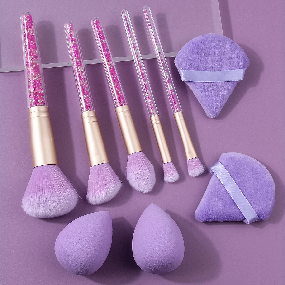9PCS Purple Pink Glitter Makeup Brush Set w/ Sponges & Puffs - Soft Bristle Full Tools for Face Eyeshadow Blush