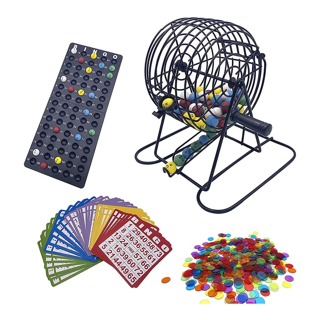 Jogo do bingo ajustado com gaiola do bingo, placa mestra, luxo, 75 bolas coloridas, 50 cartões, 300 microplaquetas, 6"