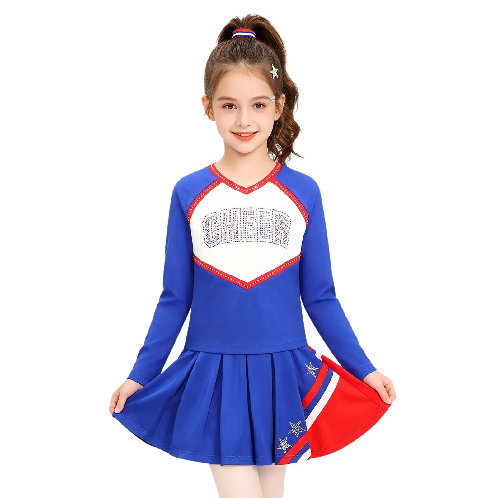 Cheerleading Stage Performance Costume for Kids Girls Cheerleader Rhinestone Tops with Skirts Football Game Festival Clothes