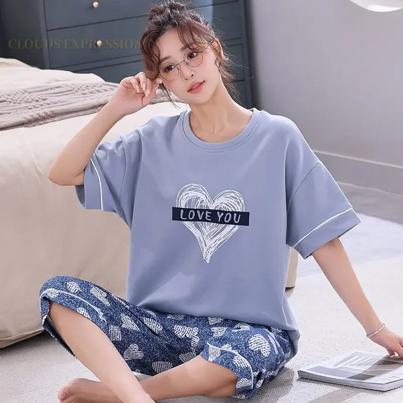 Zomer Gebreide Katoenen Cartoon Pyjama Sets Vrouwen Pyjama Nachtkleding Nachtkleding Pijama Mujer Plus Size Kalf-Lengte Broek Homewear