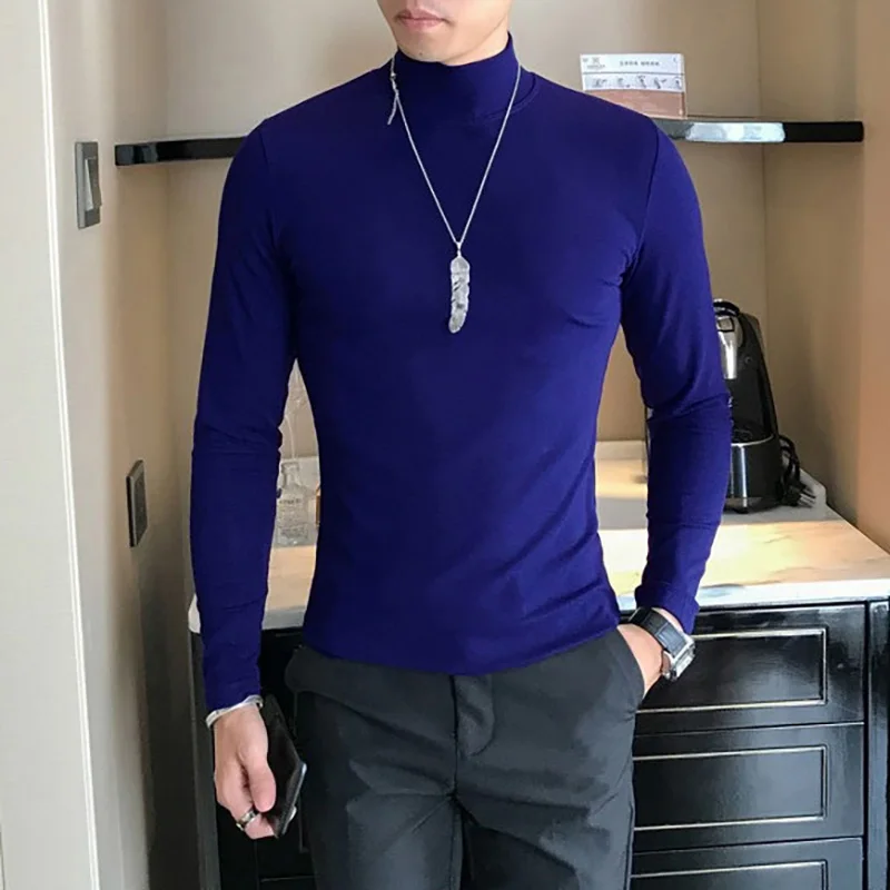 Frühling Neue männer Rollkragen T-shirt Langarm Slim Fit Einfarbig Hohe Elastische Bodenbildung Pullover Grundlegende Stil Männliche Tops – Detail 18