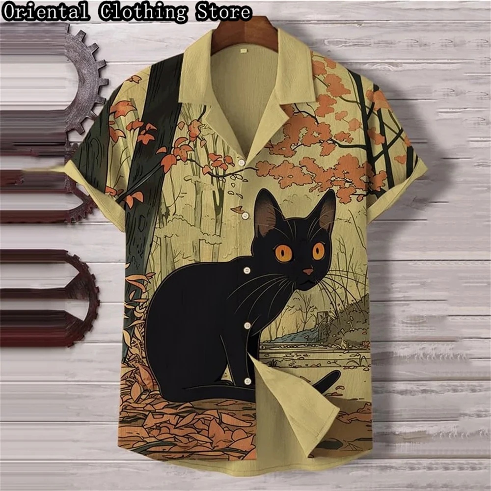 

Men's short-sleeved 3D printed linen shirt European and American hot selling 2024 independent station popular cat pattern