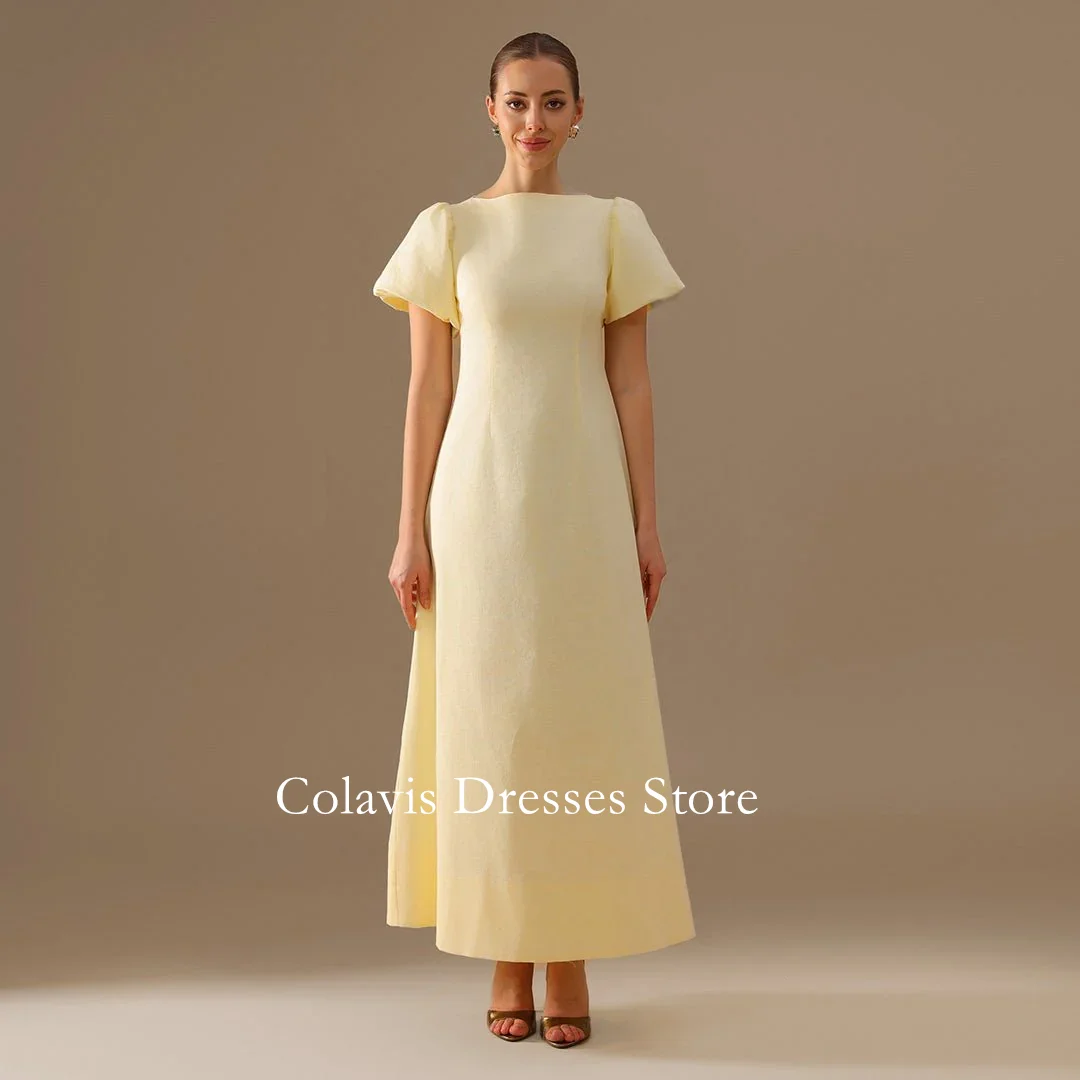 

2025 Customized Light Yellow Boat Neck Dress with Puff Sleeves Prom Dresses Evening Dress Women Evening Gowns Formal Party Dress