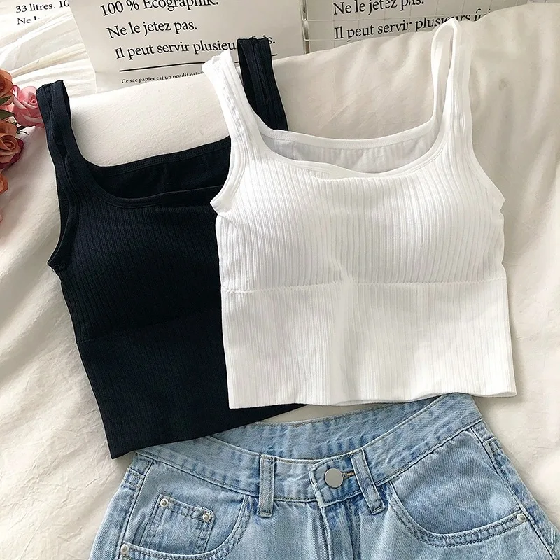 Summer Crop Top Women Seamless Square Collar Wide Straps Tank Top Knitted Striped Camisole Solid Corset Top Female