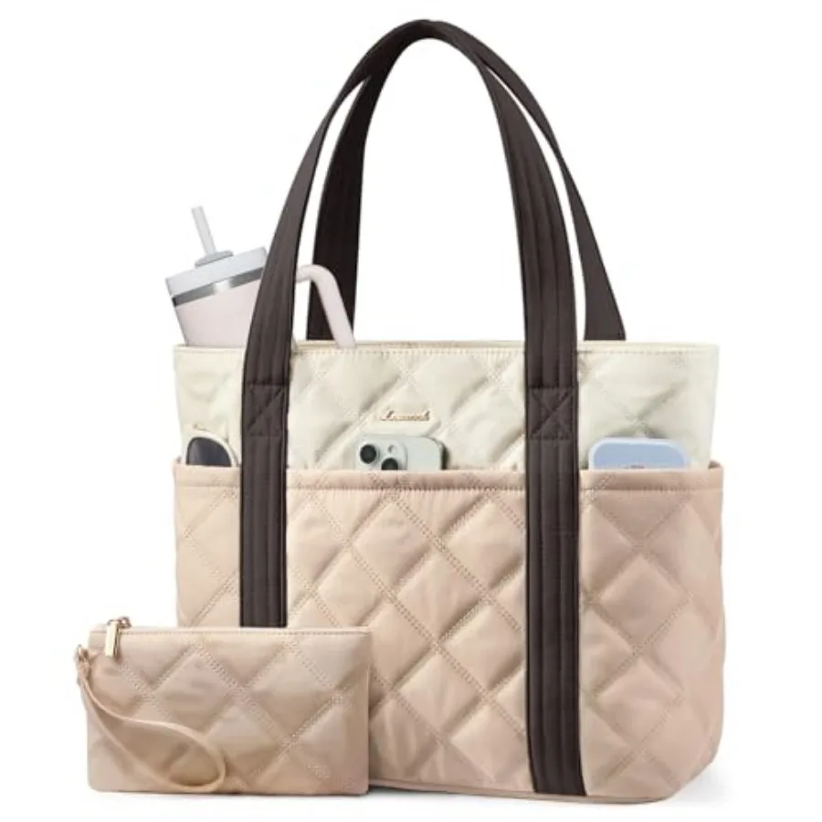 

LOVEVOOK Puffer Tote Bag for Women, Puffy Work Handbag with Cup Holder, Travel Carry On Bag with Zipper for Teacher Nurse Gym