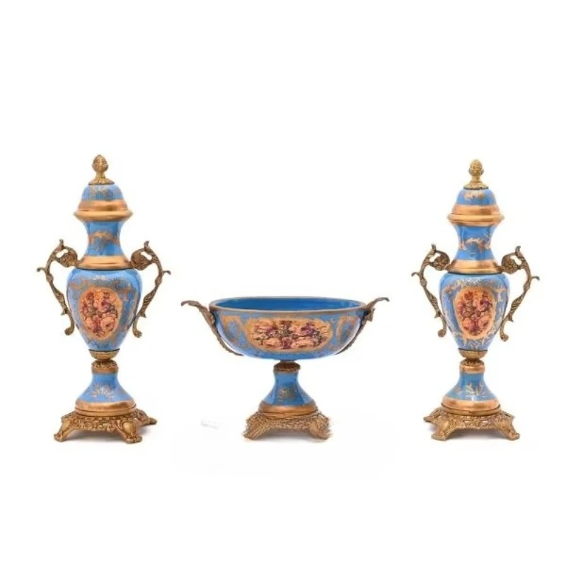 

Antique blue porcelain and brass core set with gorgeous covered vases handcrafted for vintage luxury