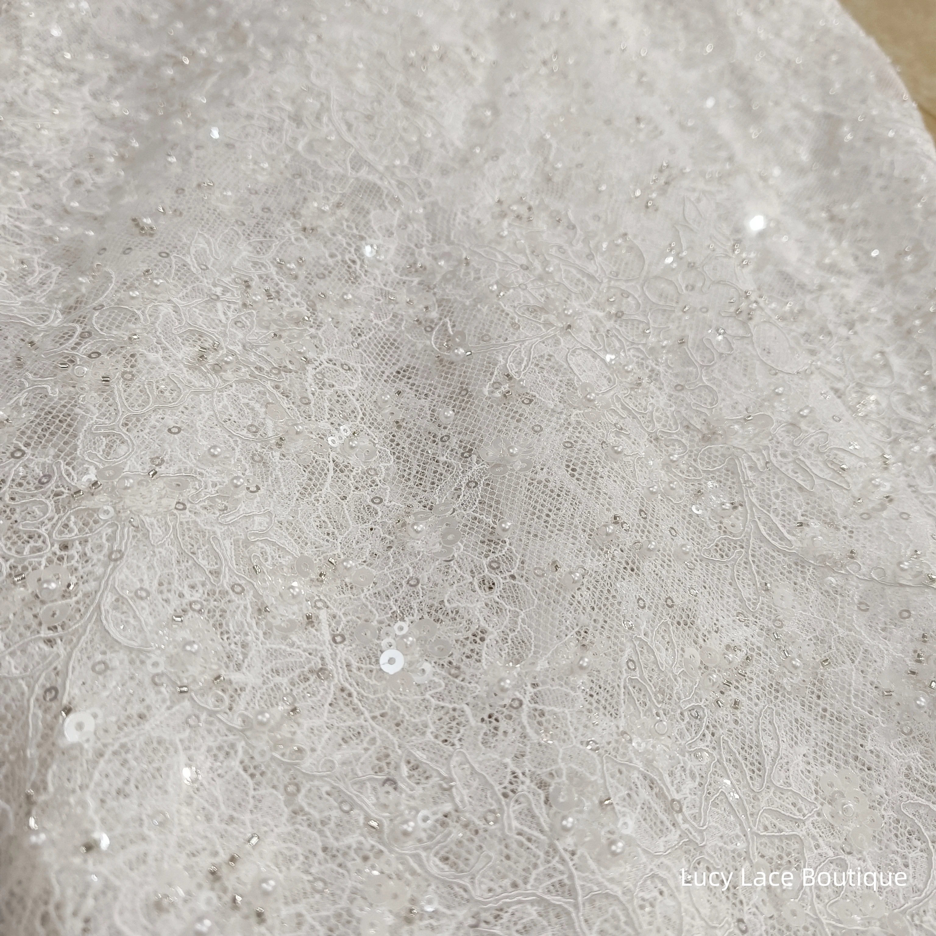 1.45M Wide Off White Colour Beading on Lace Base Great Brightness Shiny Cording Lace Fabric Luxury Wedding Dress Materials 2025
