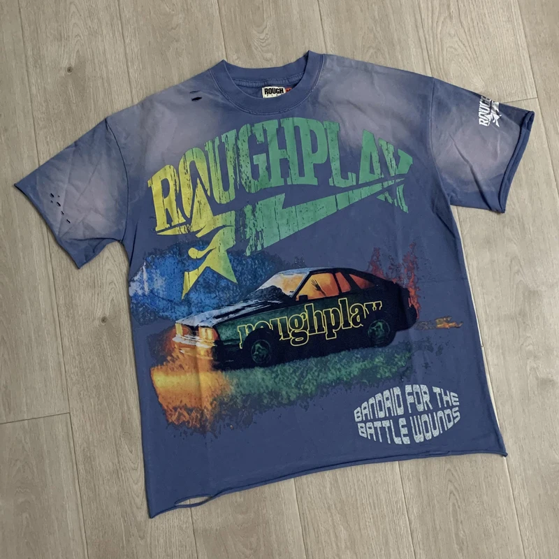 Retro Washed Distressed Rough Play T-shirt Street Style Trend Fashion Letter Print Short Sleeves
