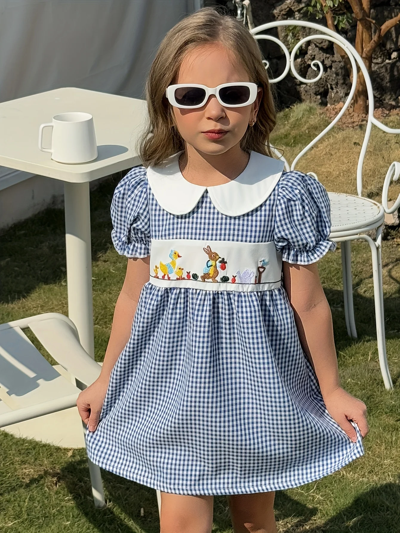 Vestido de manga corta para niñas, vestido informal de verano, estilo universitario minimalista, estampado animal, cuello Peter Pan, vestido a cuadros con mangas abullonadas