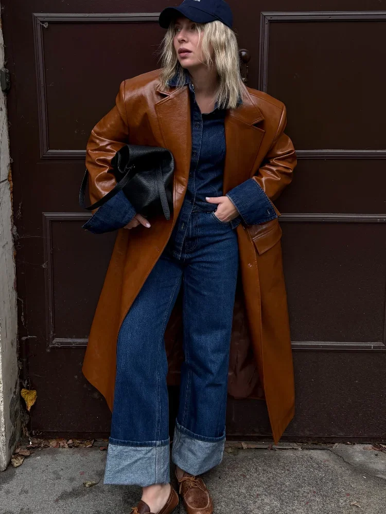 Vintage Faux Leather Long Trench Coat Women Button Front Lapel Long Sleeve Pocket Loose Single Breasted Coats Winter Outerwears