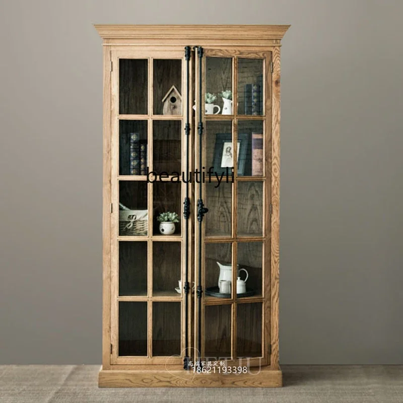 

Американский сельский книжный шкаф из цельного дерева, французский ретро стеклянный дверной винный шкаф, витрина, винный шкаф, шкафчик на заказ R