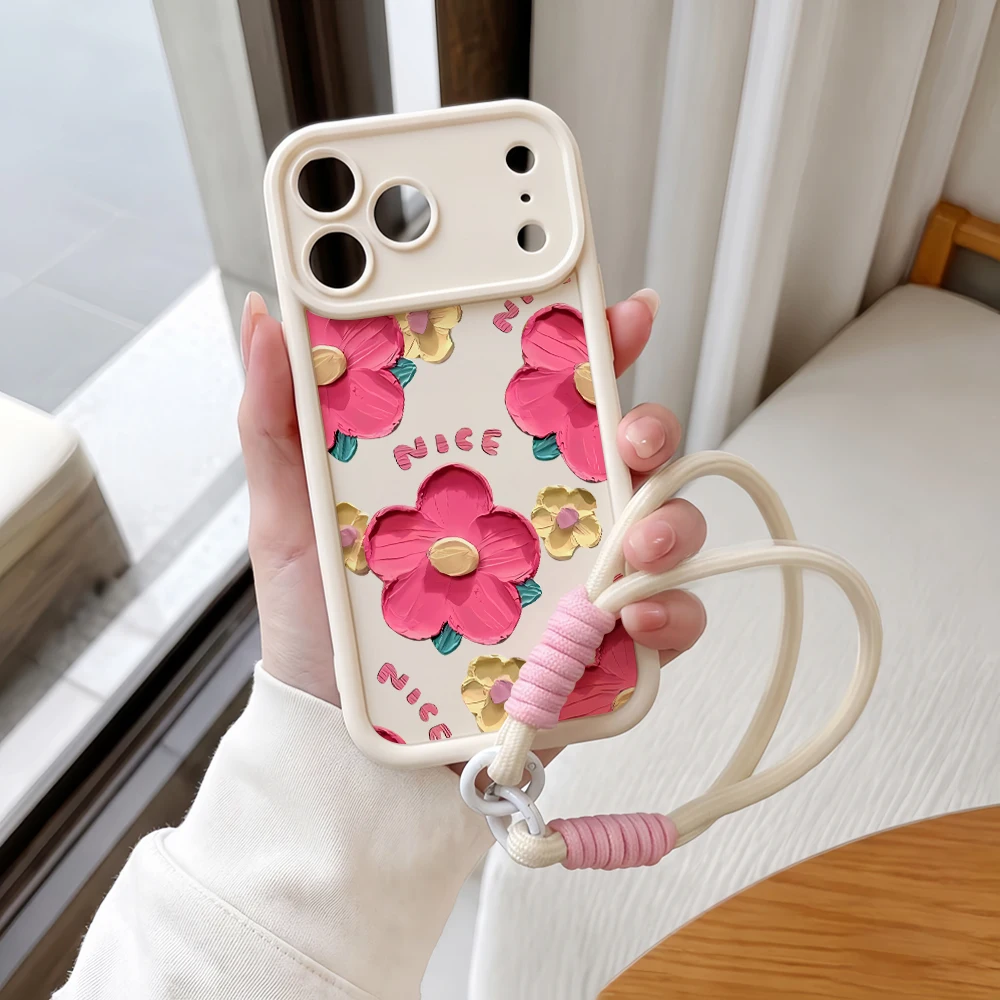 Ölgemälde Blumen Lanyard Handyhülle für iPhone 13 14 15 16 17 Pro Max 16 15 14 Pro Plus 17E Stoßfeste Matte Silikonhülle – Detail 4