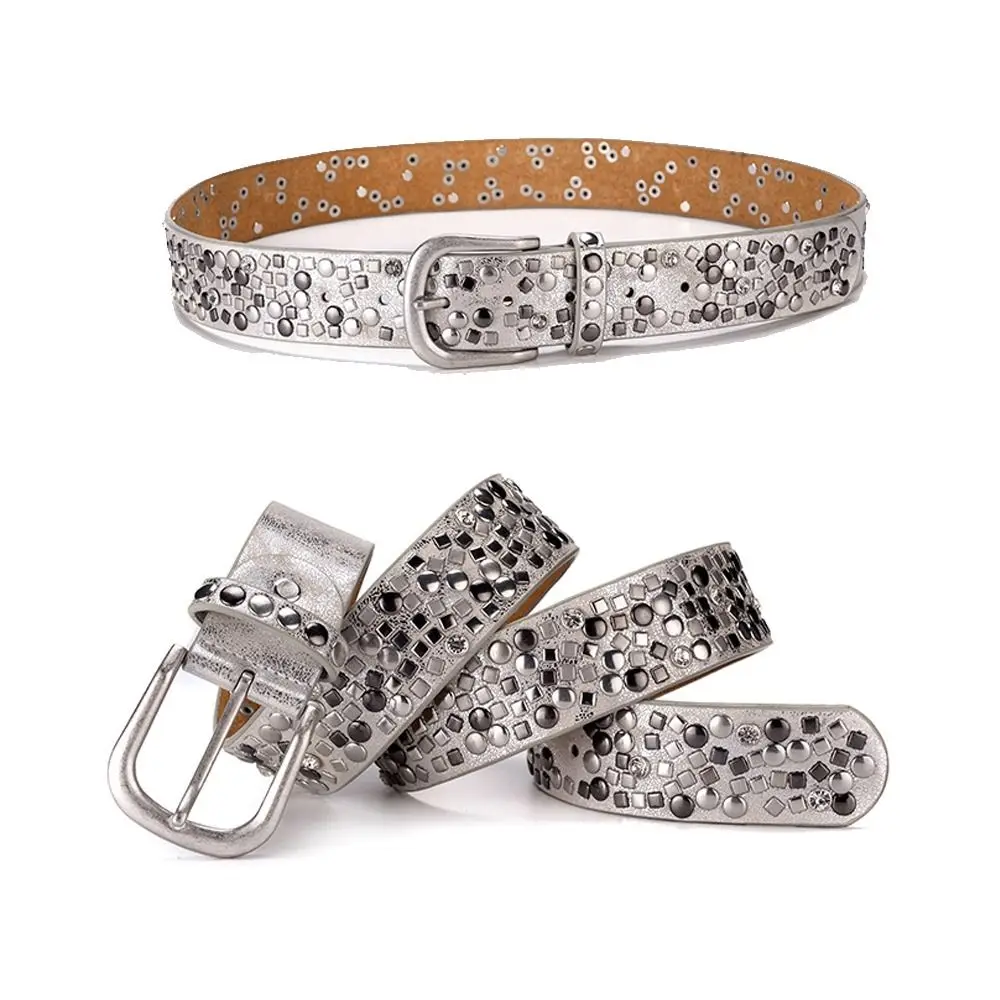 

Luxury Pin Buckle Women's Belt Vintage Rivets Silver Studs Punk Belt Fashion Accessory Heavy Metal Belt Lady's Waistband