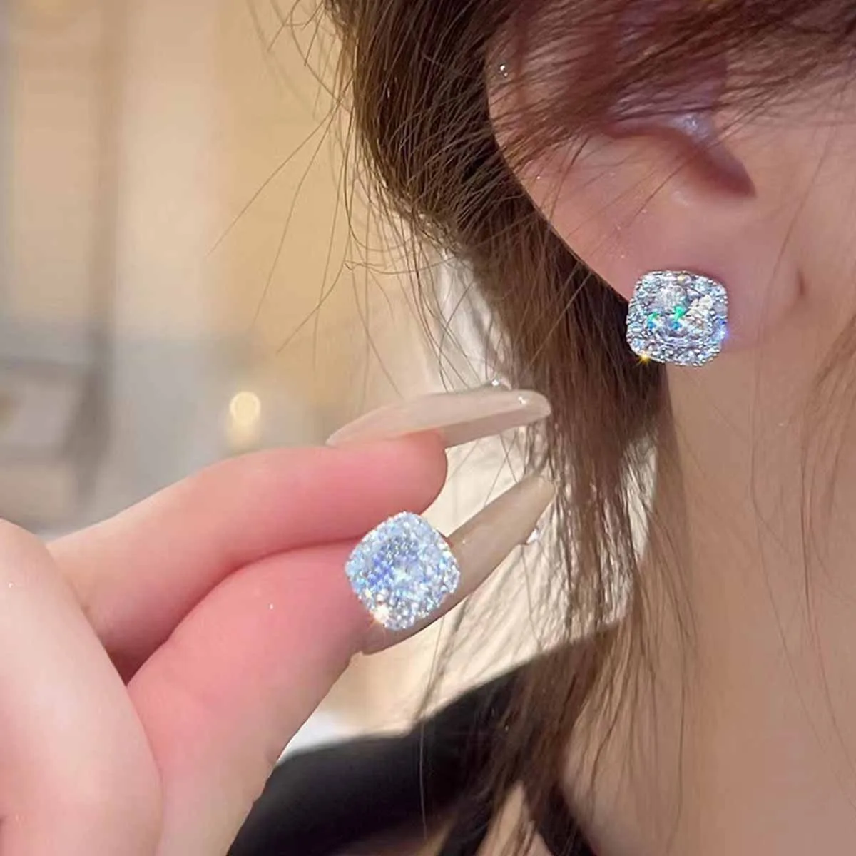 Modern Style Shiny Imitation Diamond Alloy Earrings Square Large Round Zircon Rhinestone For Women Silvery Temperament Jewelry