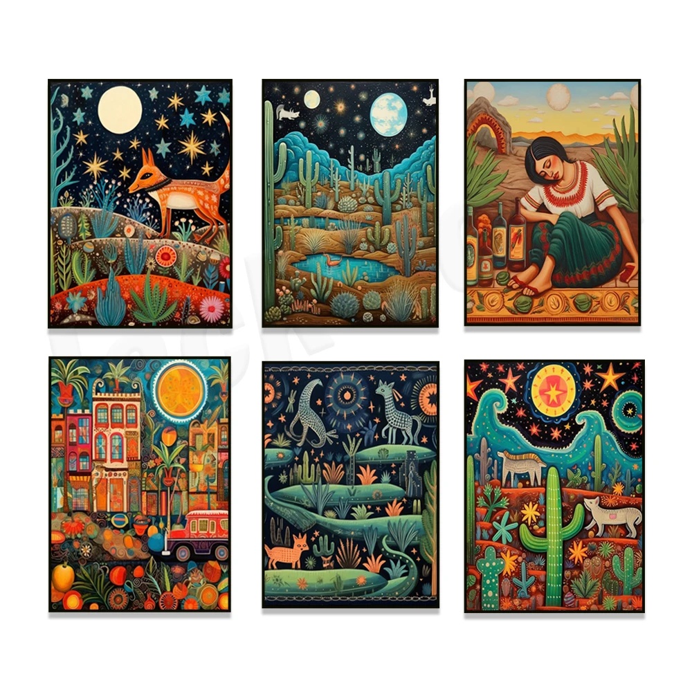 Moonlight Desert, Southwest Serenade, Mexican Cactus Folk Art Poster, Wolf, Lizard and Starry Night Sky, Wildlife and Landscape,