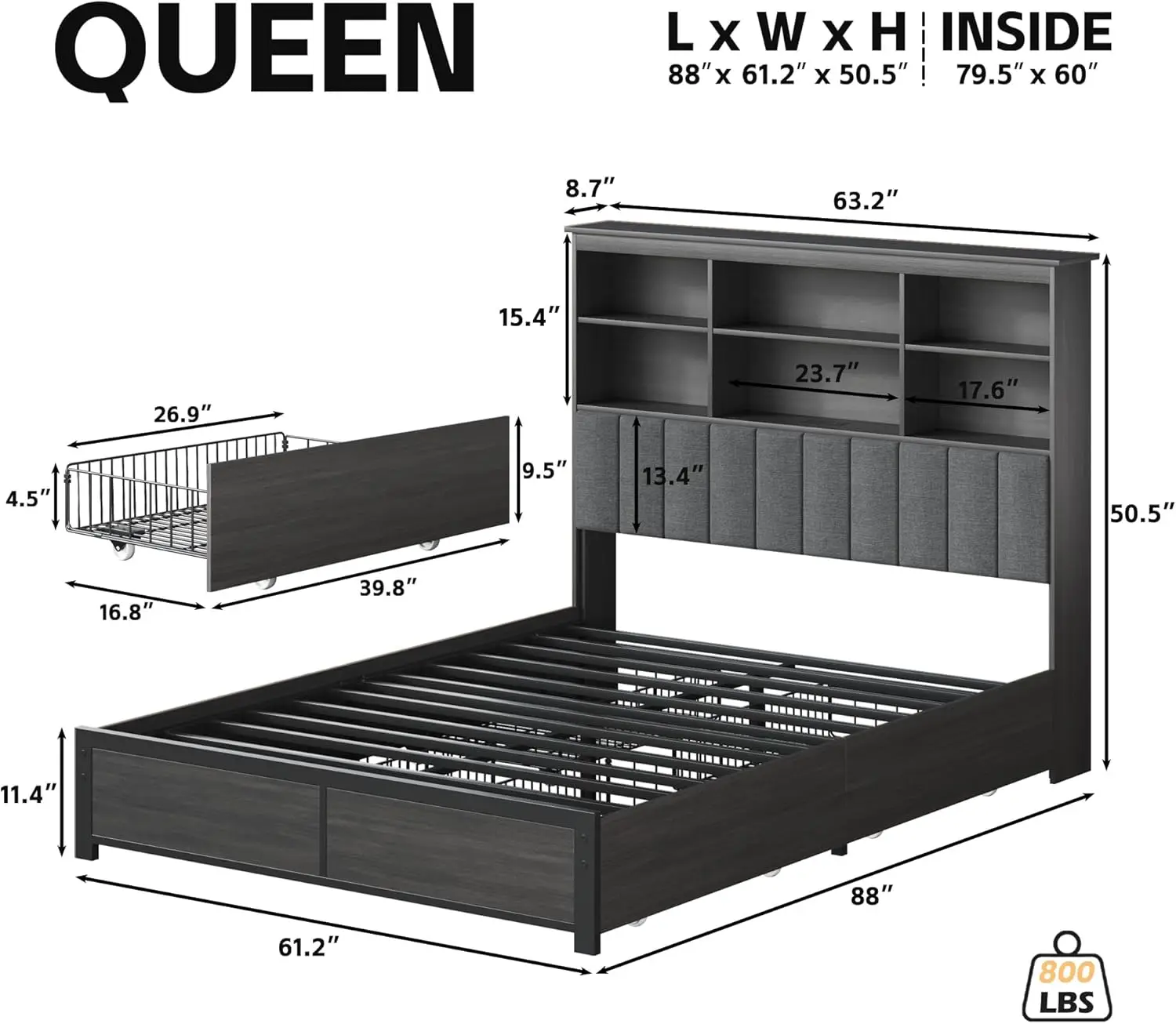 Hisoft bingkai tempat tidur Queen, rangka tempat tidur kayu dengan sandaran kepala penyimpanan tinggi, 4 laci penyimpanan & Led & pengisian