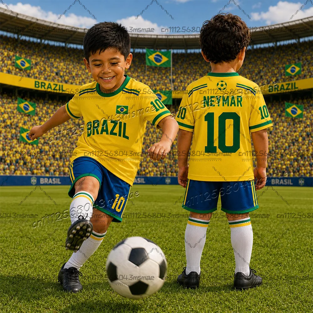 26 Boys' Football Suit T-shirt Shorts Set Women's Men's Harajuku Brazil Fan Shirt Shorts Set Children's Sports Suit 2-piece Set