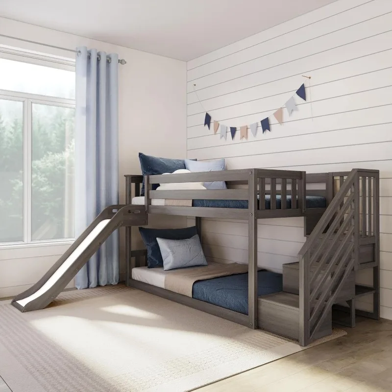 Solid Wood Twin over Twin Size Low Bunk Beds for Kids with Slide and Stairs, 400 lbs Weight Capacity, 14