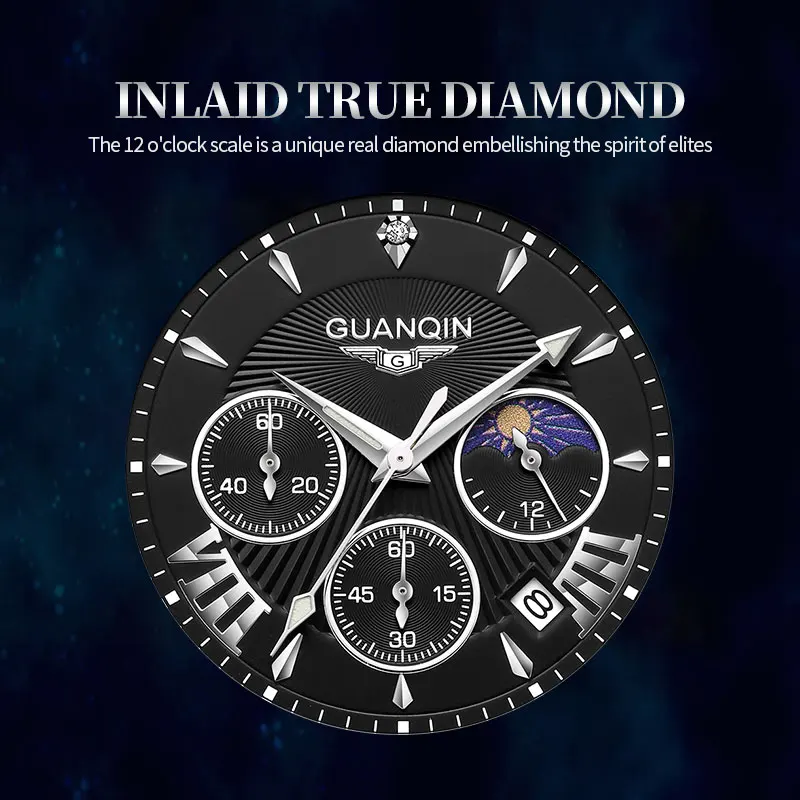 GUANQIN Stainless steel Luxury Quartz Men\'s watches Moon Phase Waterproof Sapphire watch for men With drill Luminous Chronograph