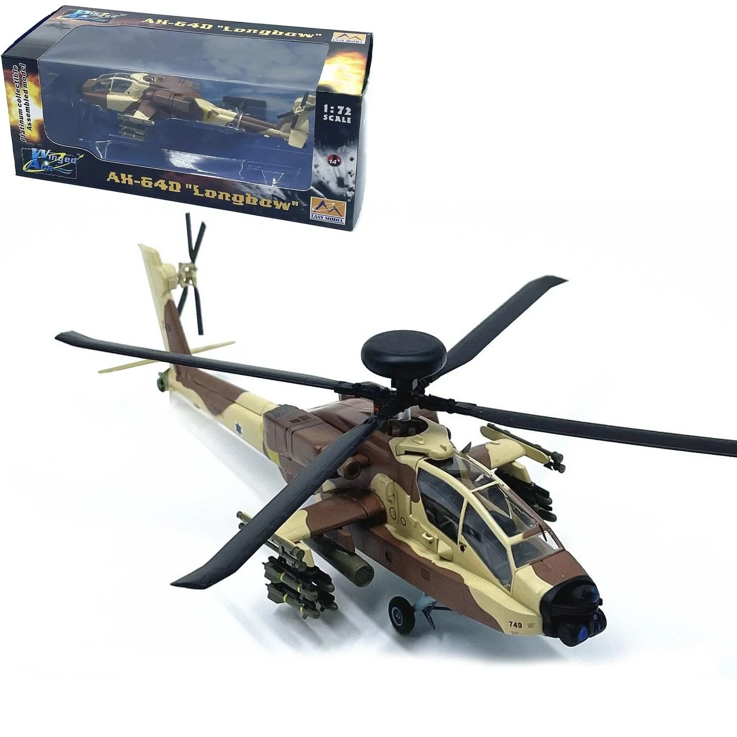 1:72 Scale Israeli Air Force AH-64D Longbow Apache AH64 Helicopter Model Finished Product Emulation Aircraft