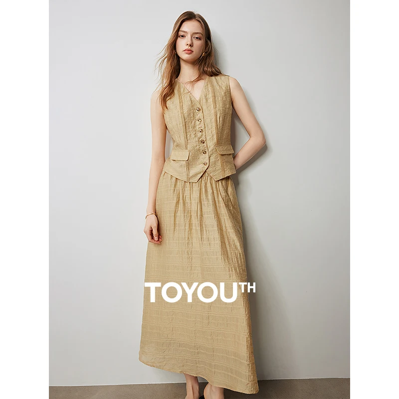 TOYOUTH Women Set 2024 Summer New Sleeveless Vest With Straight Skirt Old Money Silk Jacquard Two Piece Sets