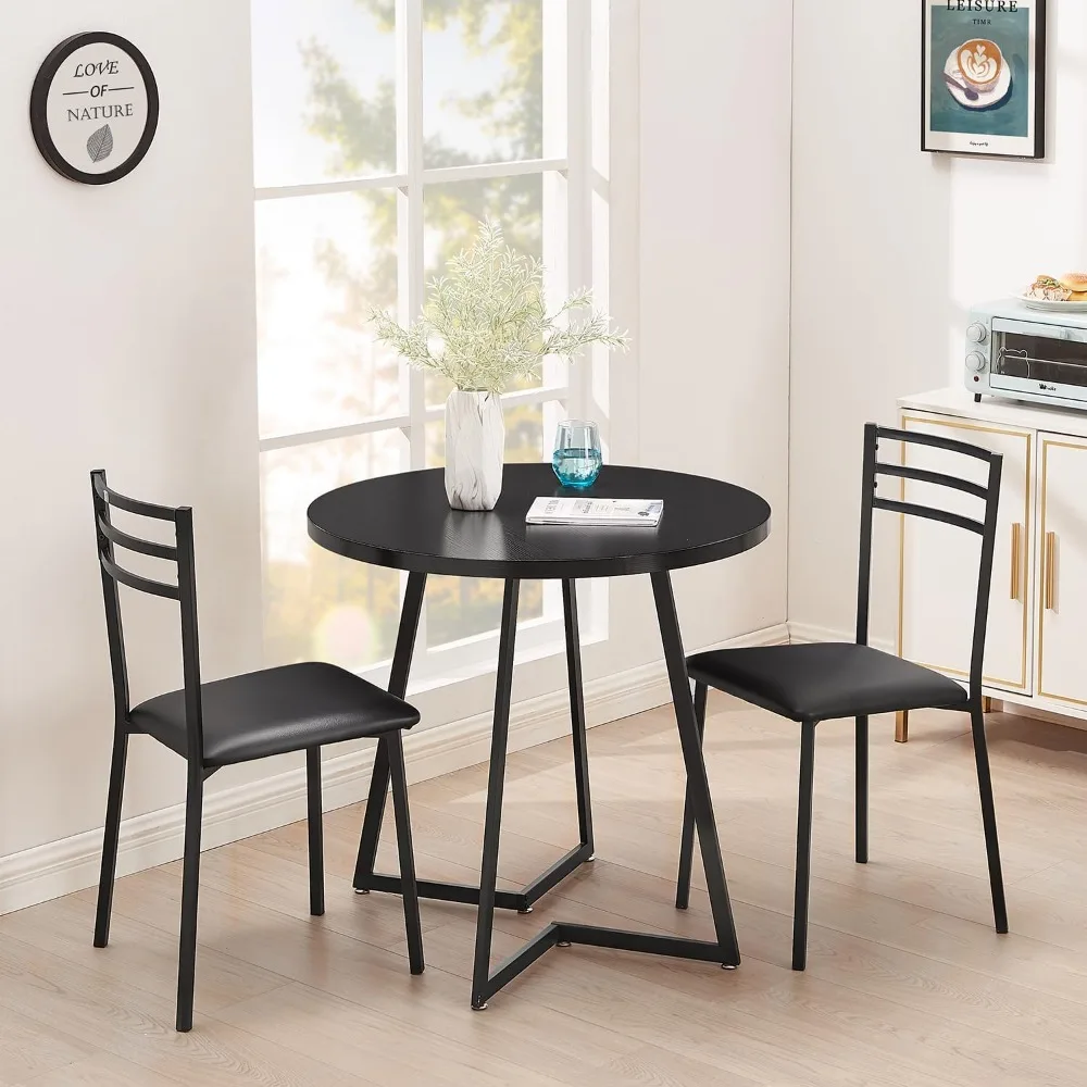 

3 Piece Kitchen Dining Room Set, Wood Round Table for Breakfast Nook Small Space, Dinette with 2 Cushioned Chairs, Matte Black