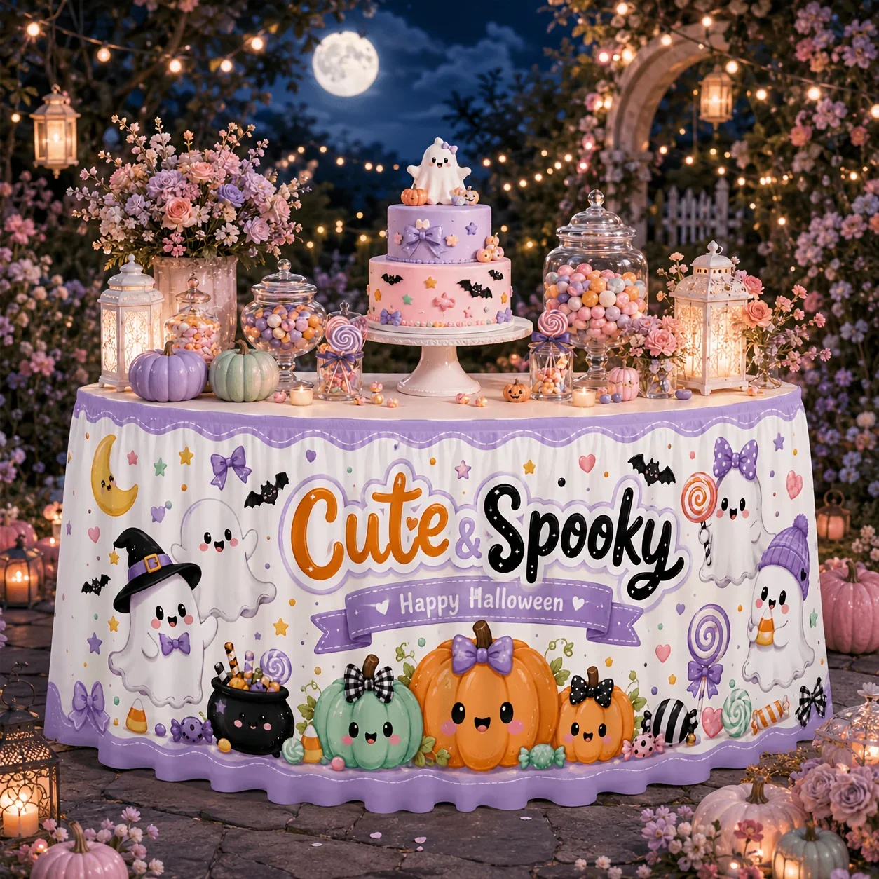 One tablecloth and table skirt, cute, eerie and joyful Halloween pumpkin-shaped pot