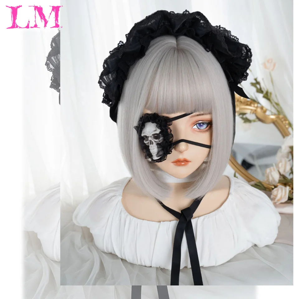 Silvery Bob Wigs Short Straight Synthetic Wig for Women Burgundy Cosplay Wig with Bangs Party Lolita Hairs Heat Resistant Fiber